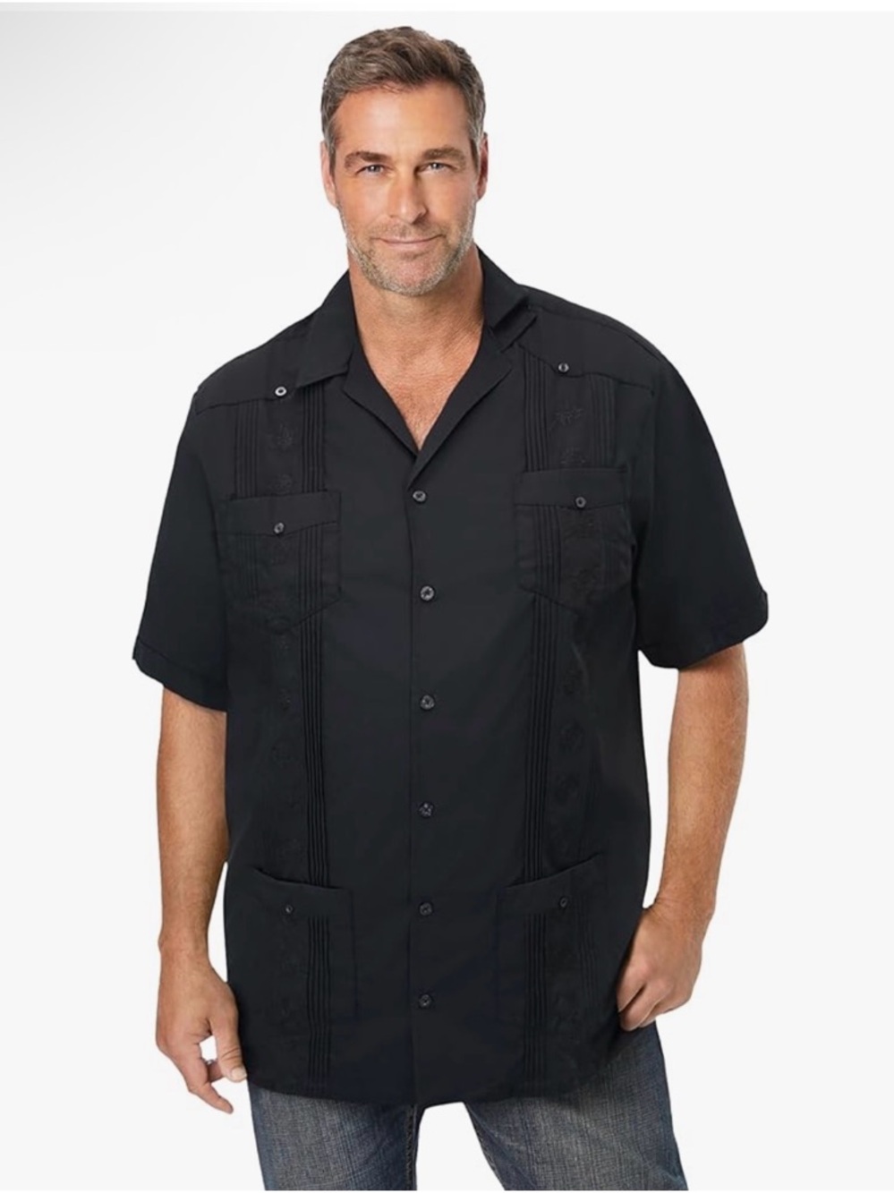 Men's Black Short-Sleeve Cuban Collar Dress Shirt